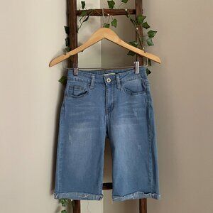 Vintage Denim Bermuda Shorts – Raw Hem, Distressed